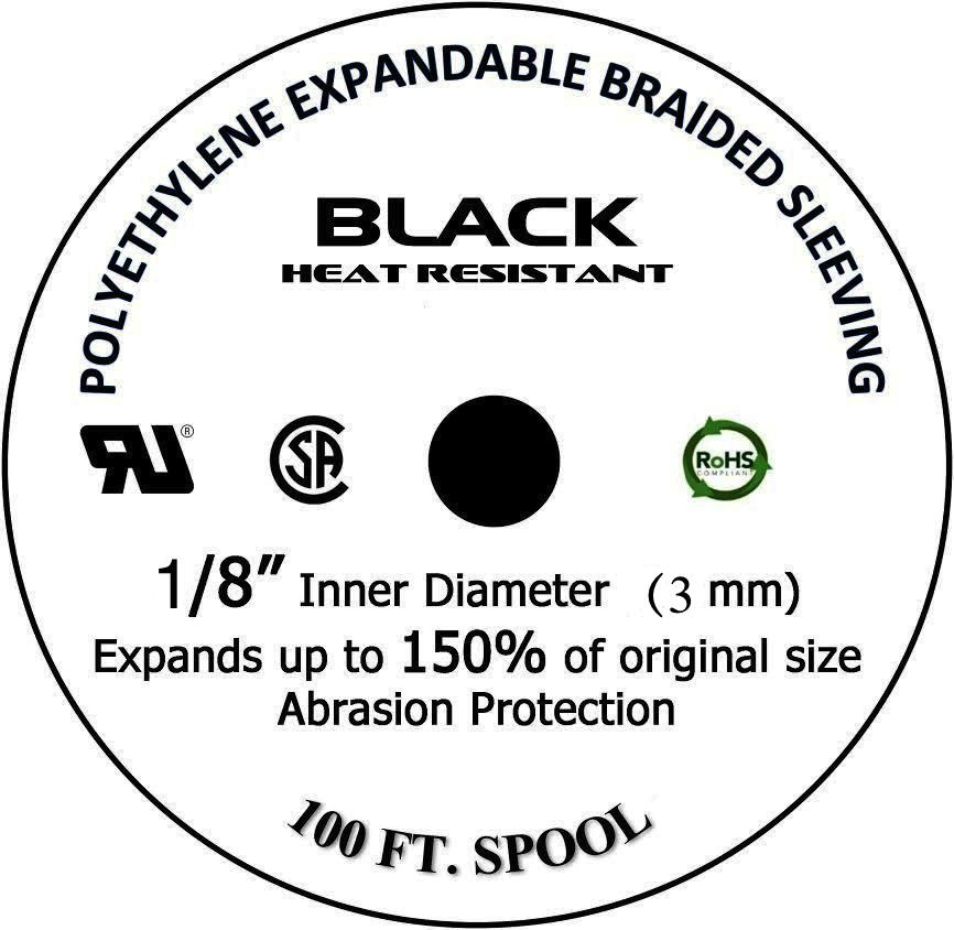 100 FT 1/8″ Black Expandable Wire Cable Sleeving Sheathing Braided Loom Tubing