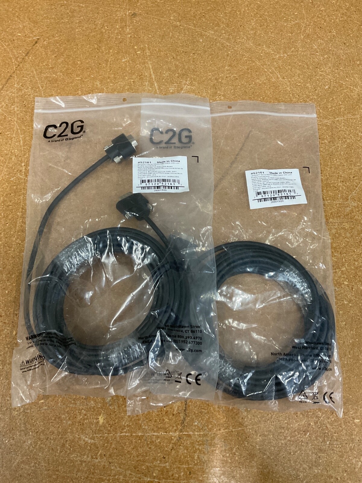 Lot of 2 C2G 52161 Serial RS232 DB9 Cable Low Profile Male to Female 25ft
