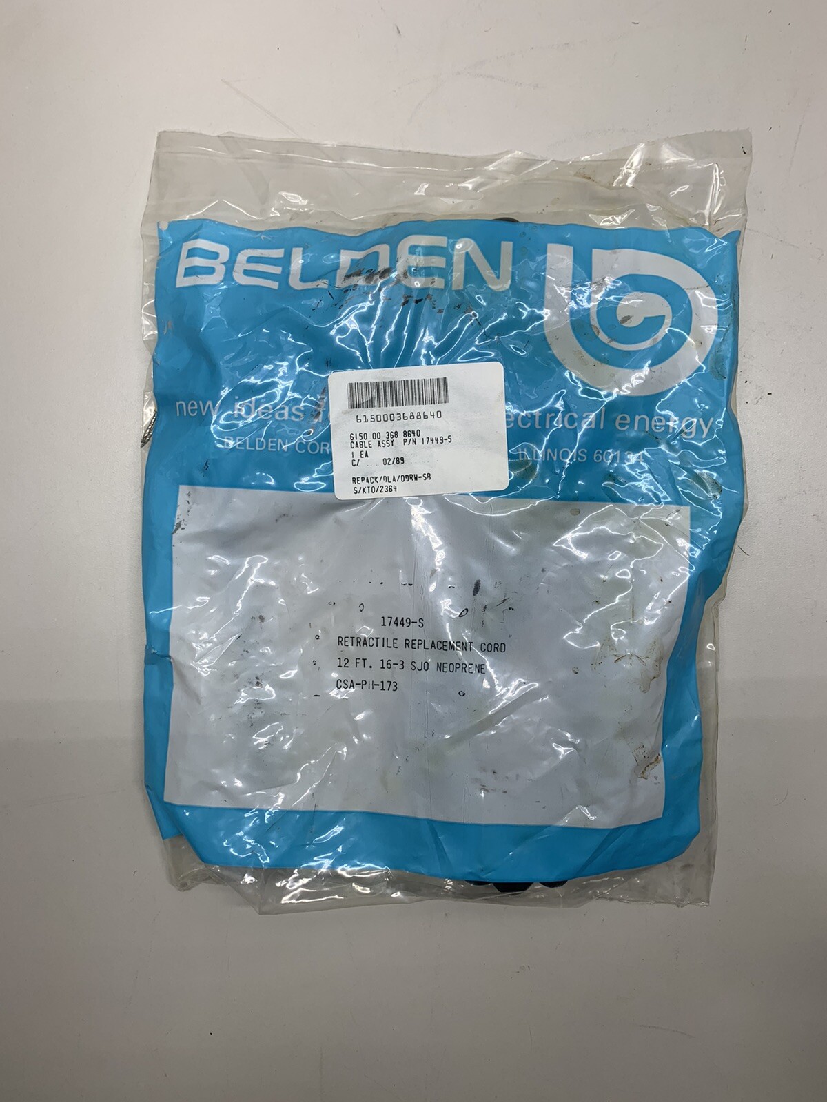 Belden 17449-S Retractile Replacement Cord 12Ft New NOS 16-3 Sjo Neoprene