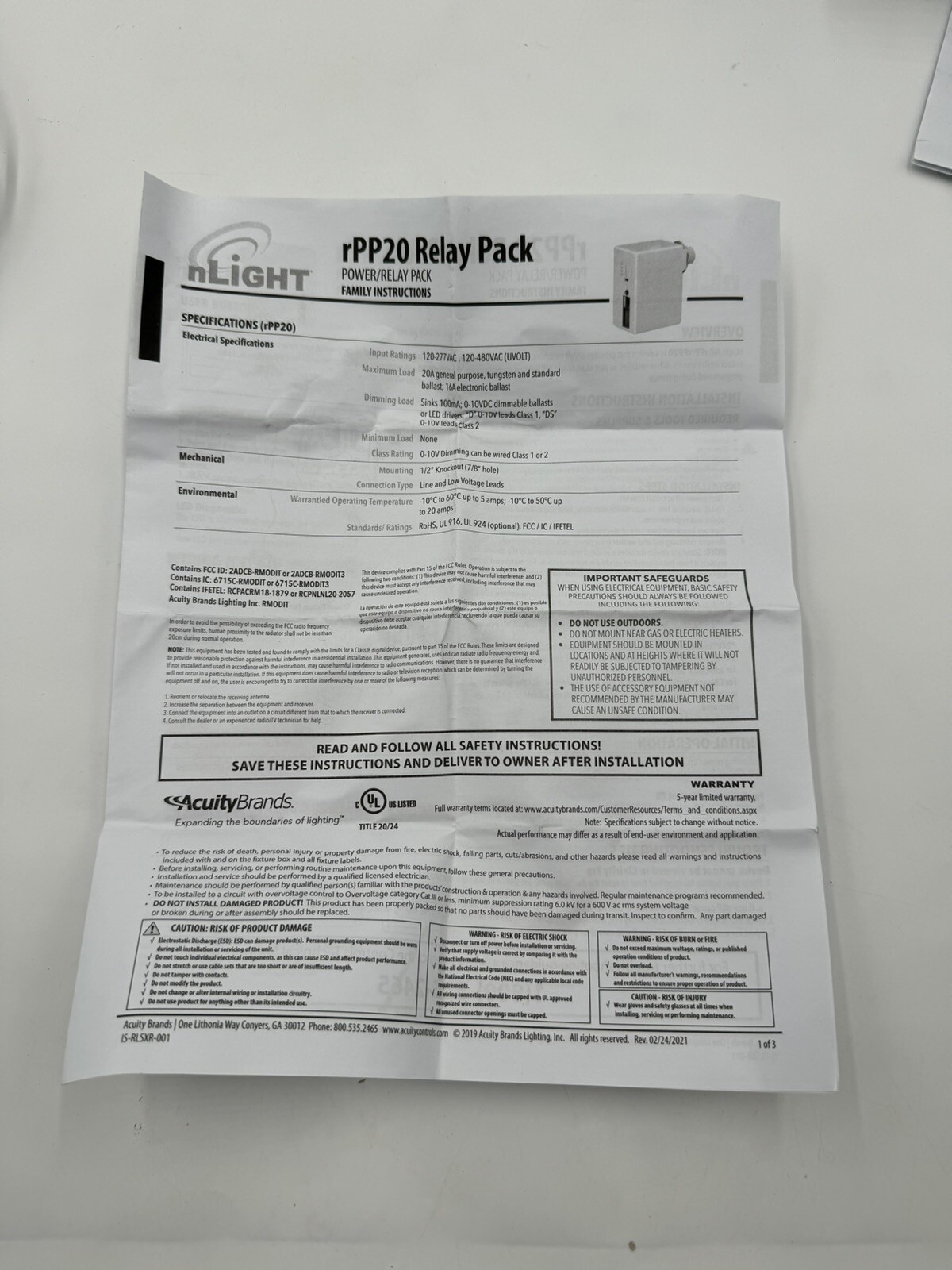NEW AcuityControls RPP20 D 24V ER EFP G2 Emergency Occupancy Controlled Dimming