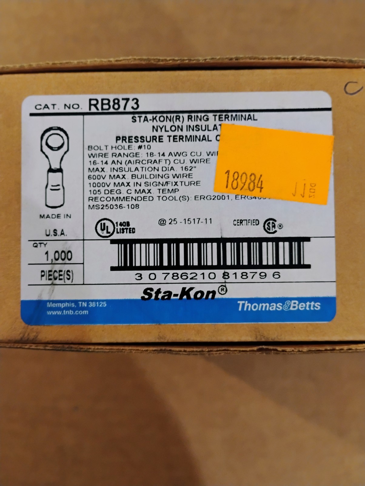Lot Of 1000 – Ring Terminal – 18-14 AWG – #10 Stud – Insulated – STA-KON RB873