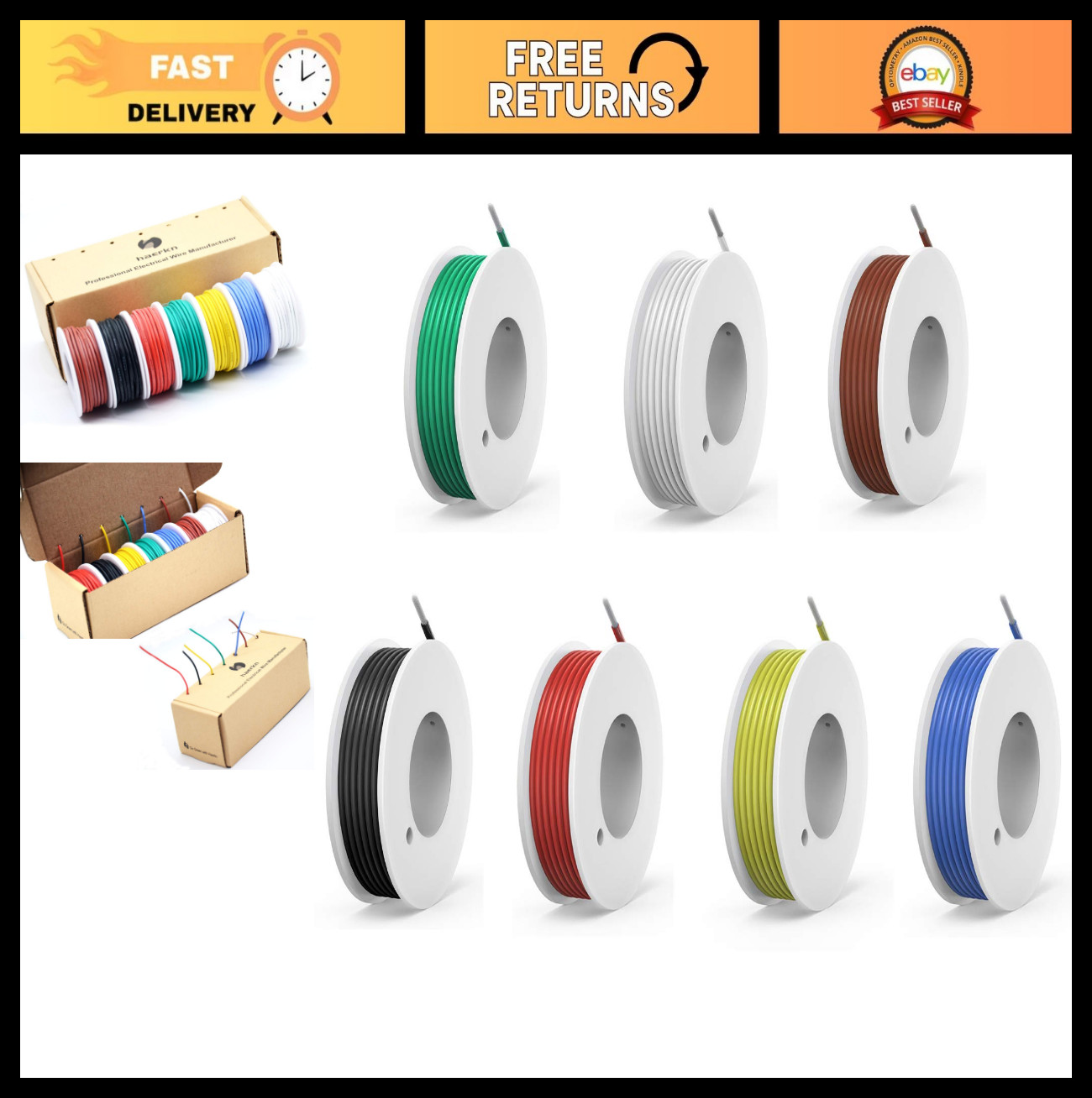22 AWG Silicone Electrical Wire Kit – 7 Colors, 26ft Each, Stranded Tinned Coppe