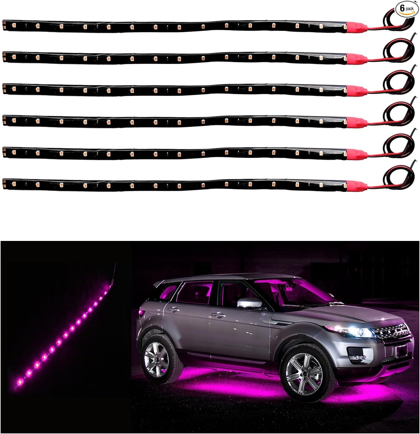 6 PCS 15 LED 12V Waterproof Car Light Strips, 1Ft Flexible Underbo Color: Pink