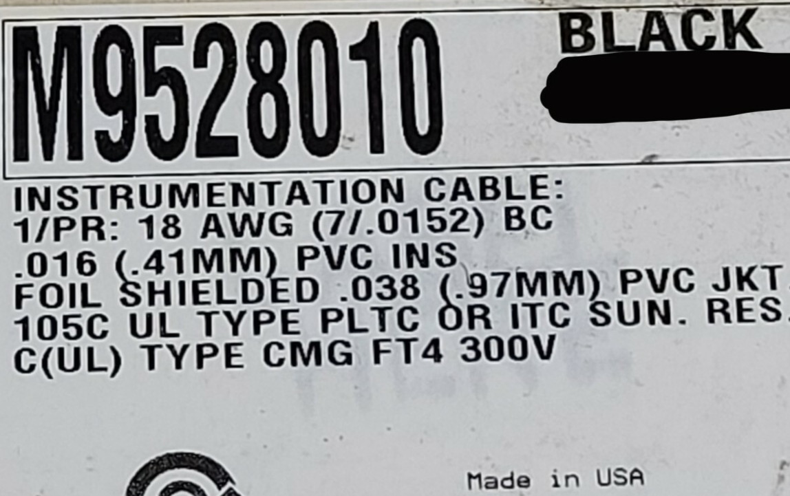Alpha Wire M9528010 18/1P Shielded Twisted Pair PLTC/ITC Tray Cable Black /50ft