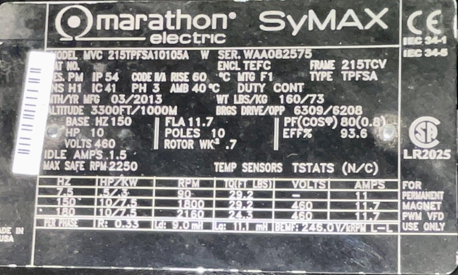 215TPFSA10105A MARATHON ELECTRIC MOTOR 10HP 460V 215TCV TEFC MOTOR