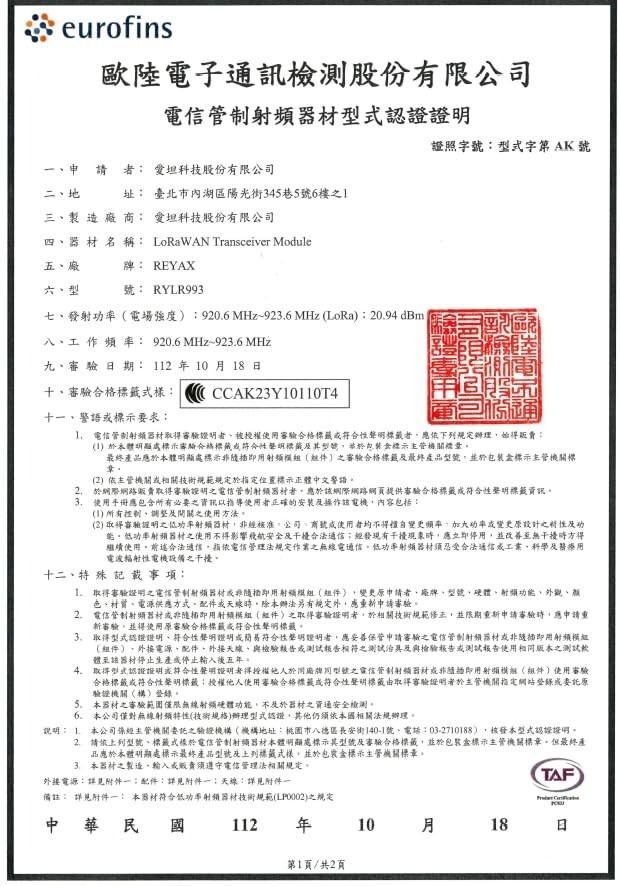 RYLR993_Lite 868/915MHz LoRaWAN® & Proprietary FCC NCC CE MIC certification