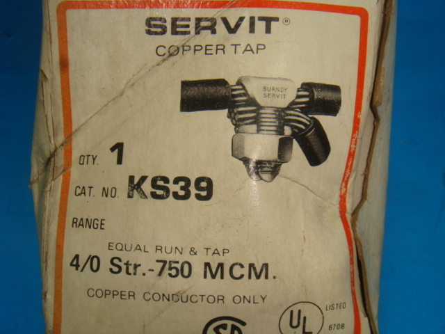 NEW BURNDY KS39 SERVIT COPPER TAP, WIRE CONNECTOR, 4/0 STR.-750 MCM, NEW IN BOX