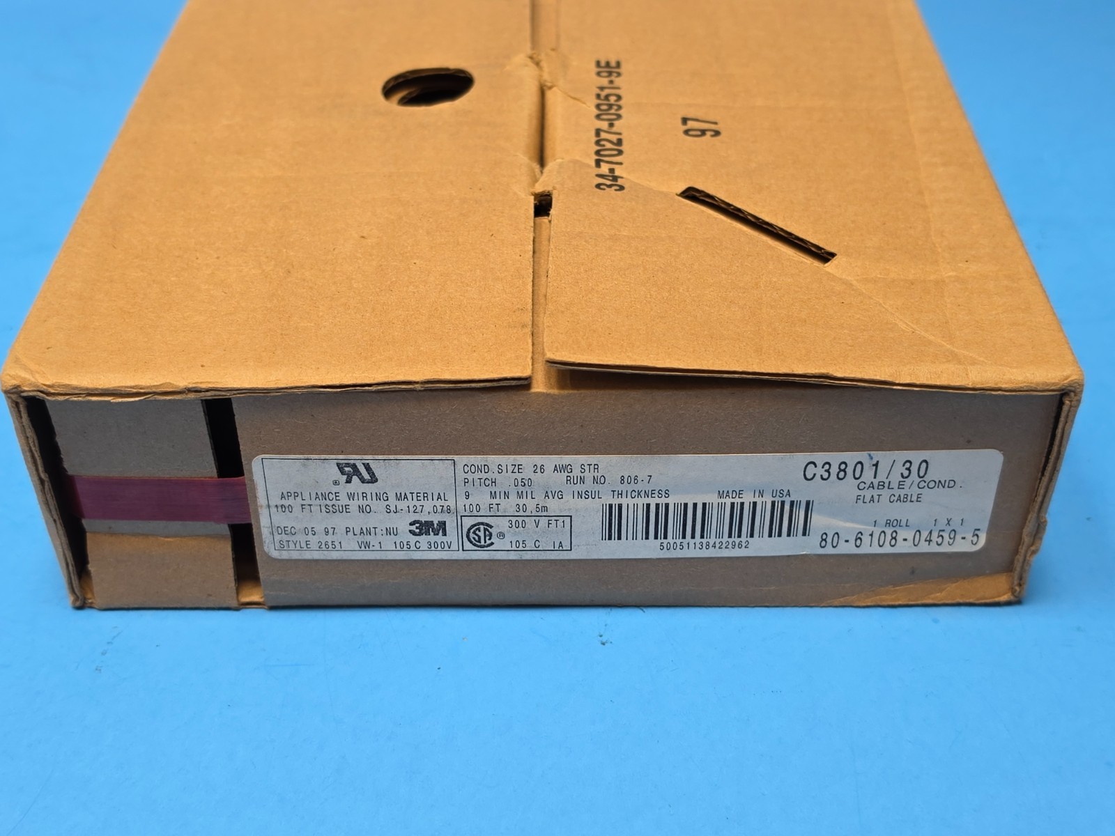 (100 FT) FLAT RIBBON CABLE, C3801/30 100, 3M, 30 Conductors, 26AWG, 300VAC