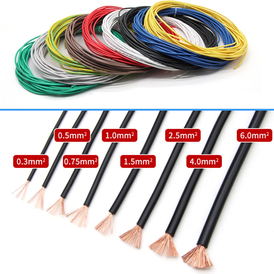 Any length Electronic Flexible tinned copper wire Cable 0.3mm²-6mm² multicolor