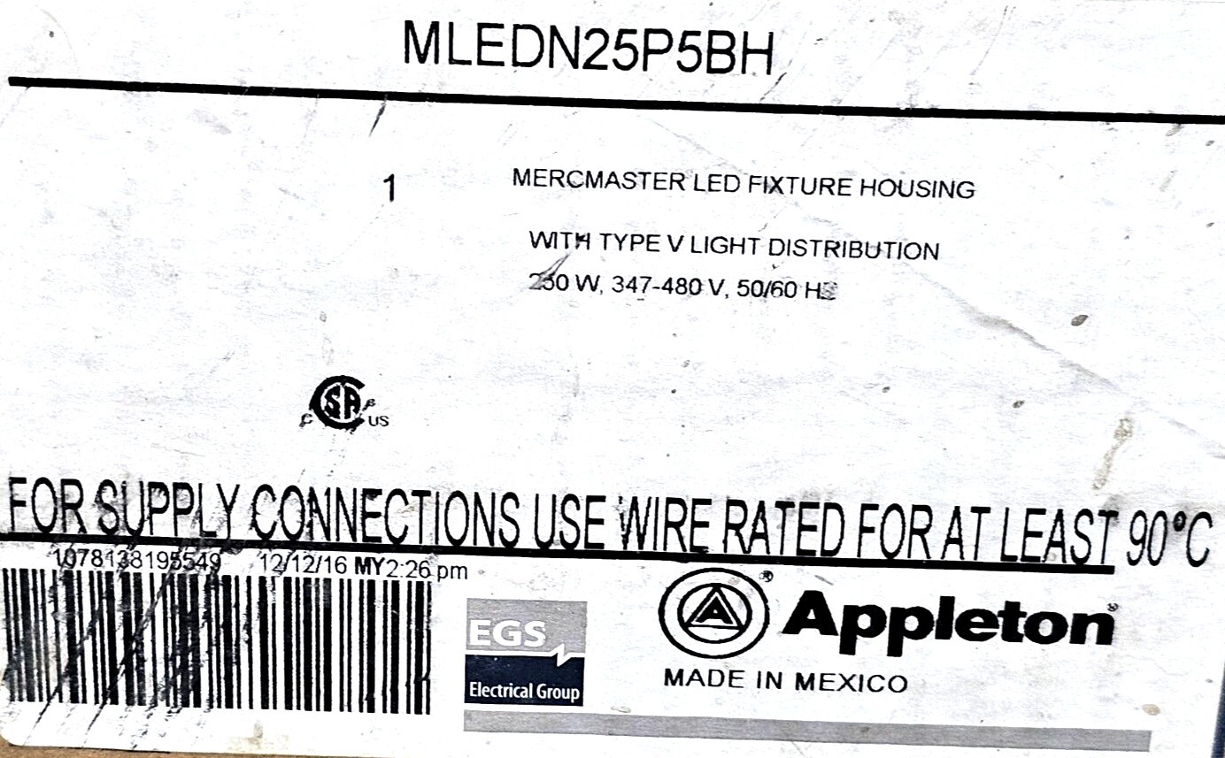 New! Appleton Mercmaster Enclosed And Gasketed Luminaire Lamp MLEDN25P5BH