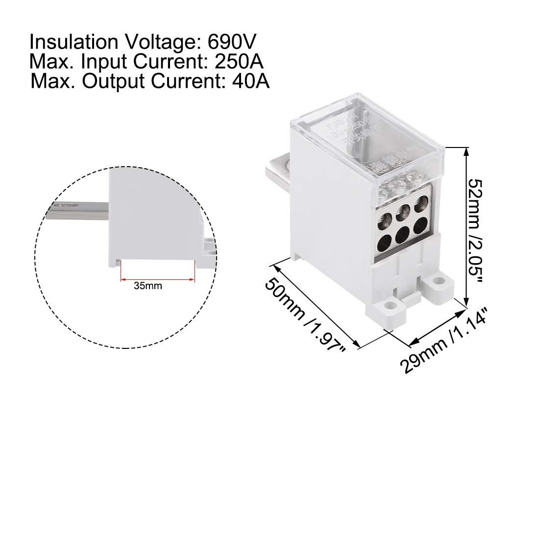 1 in 6 Out DIN Rail Terminal Block Distribution Block 690V 250A Max Input