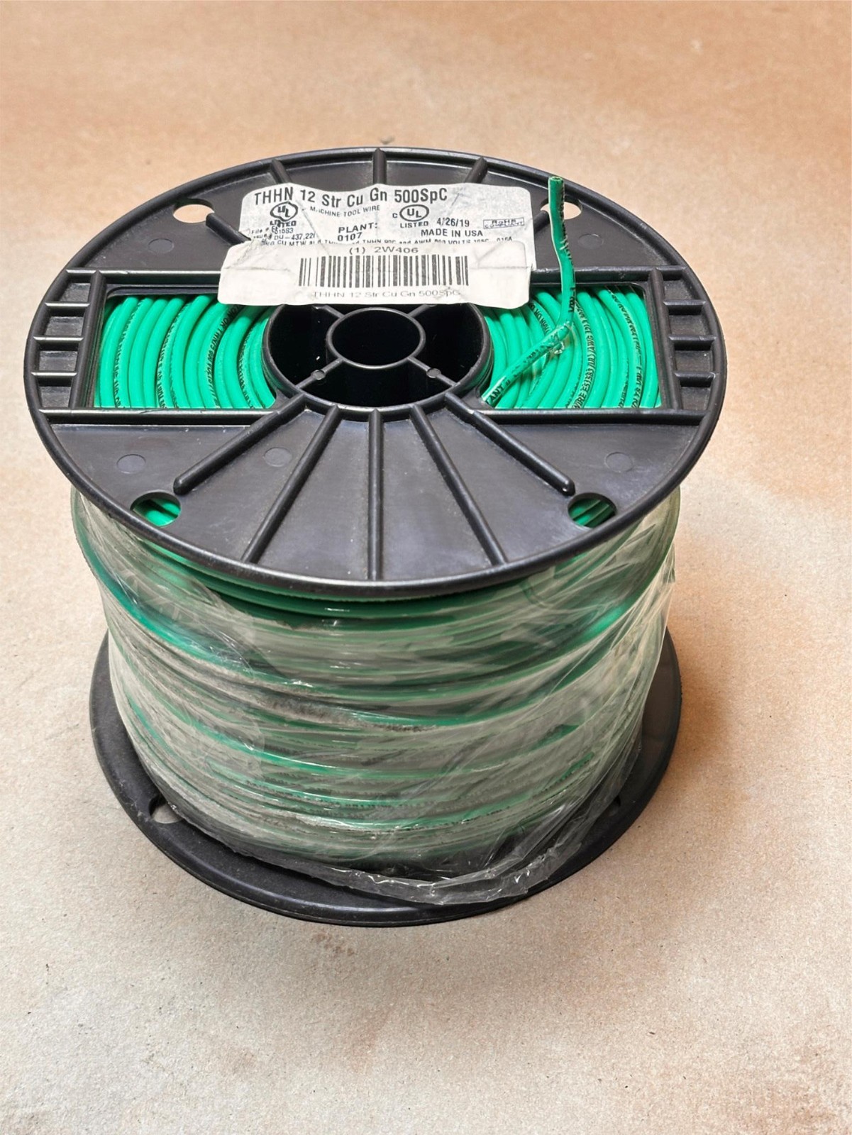 500ft Machine Tool Wire 12Str 12Awg THHN Cu 500SpC Green Wire 600V USA Made