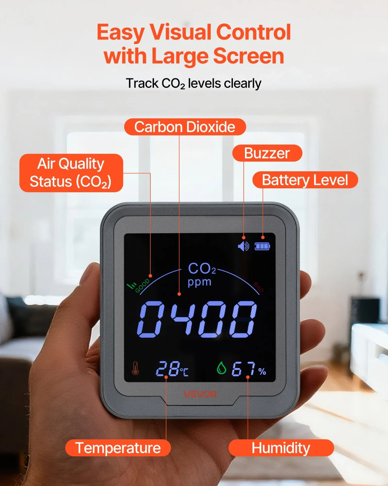 VEVOR CO2 Monitor NDIR Carbon Dioxide Detector Temp Humidity Display Portable