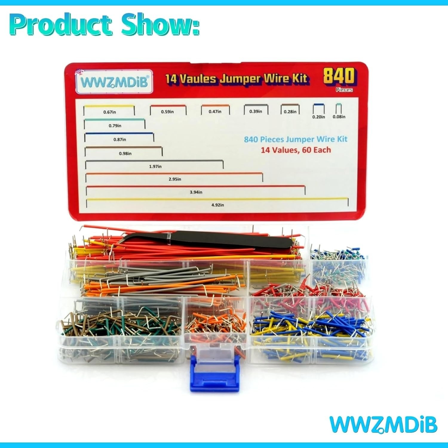 840 Pin Breadboard Jumper Wires Kit 14 Vaules 2-125mm, Single Strand, Assorted