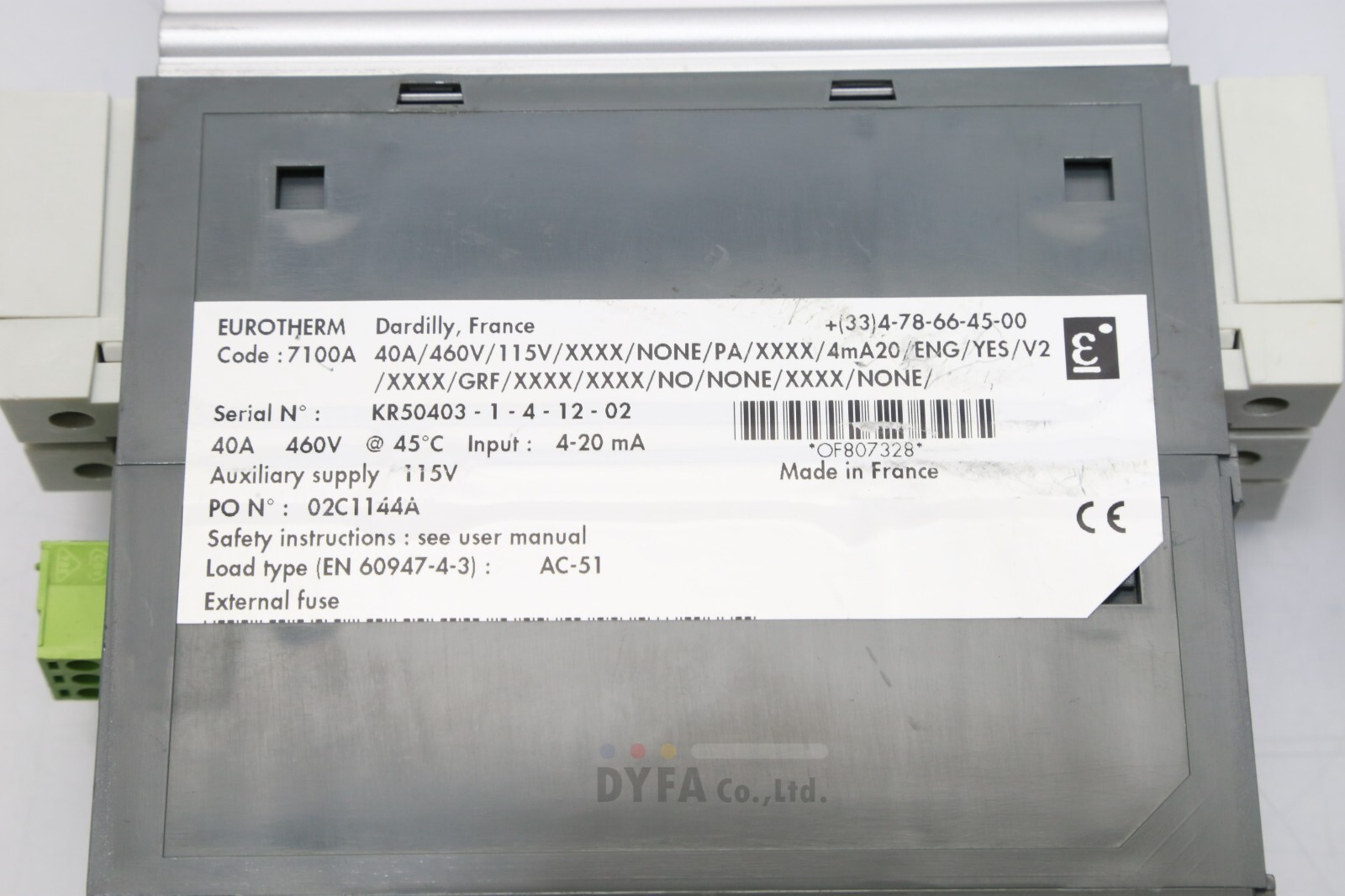 EUROTHERM used 7100A 40A/460V/115V/XXXX/NONE/PA/XXXX/4mA20/ENG/ ELEC-I-3068=9N14