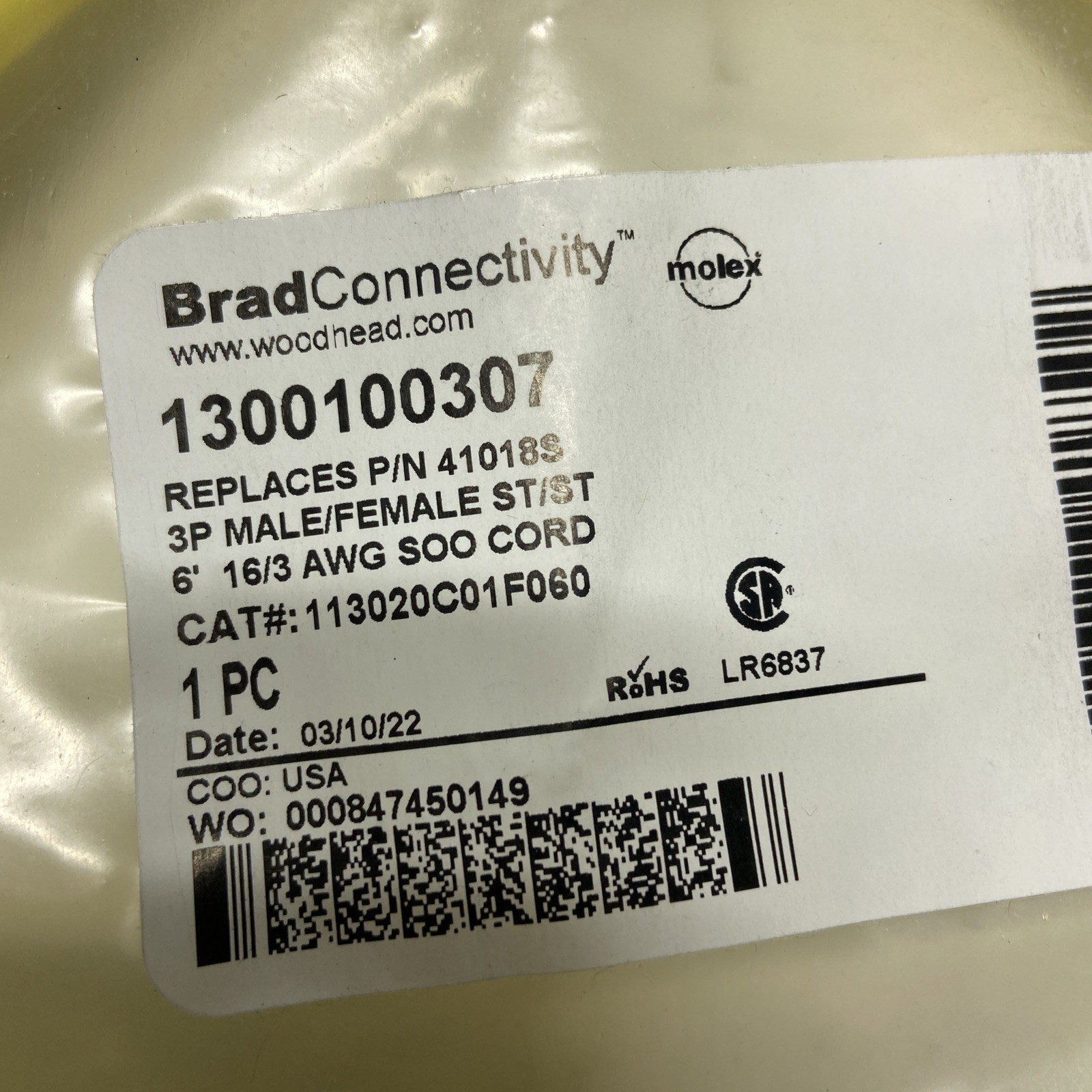 Brad Connectivity 1300100307 Cable 3p M/f Straight 6ft
