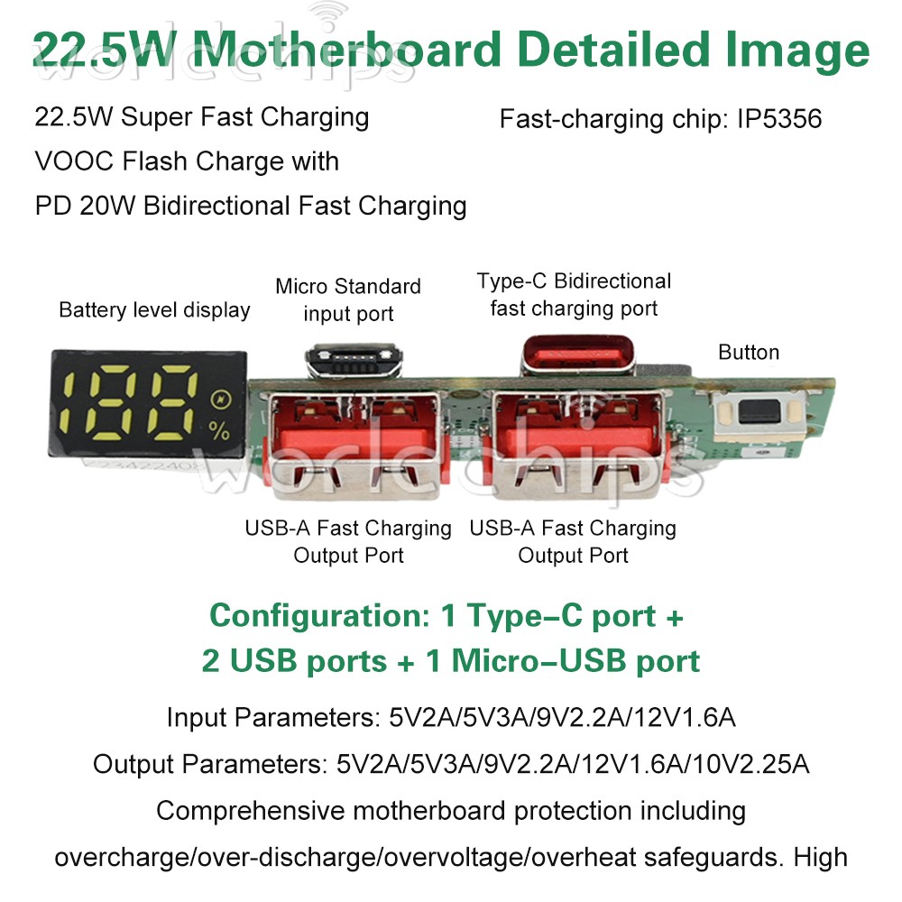 PD/QC 22.5W Fast Charging Module DIY Mobile Power Bank Circuit Board LED Display