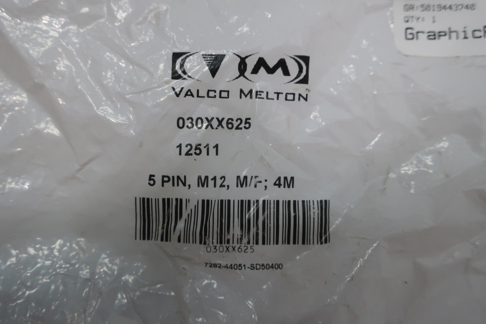 Valco Melton 030XX625 5pin M12 M/f Connector Cable 4m