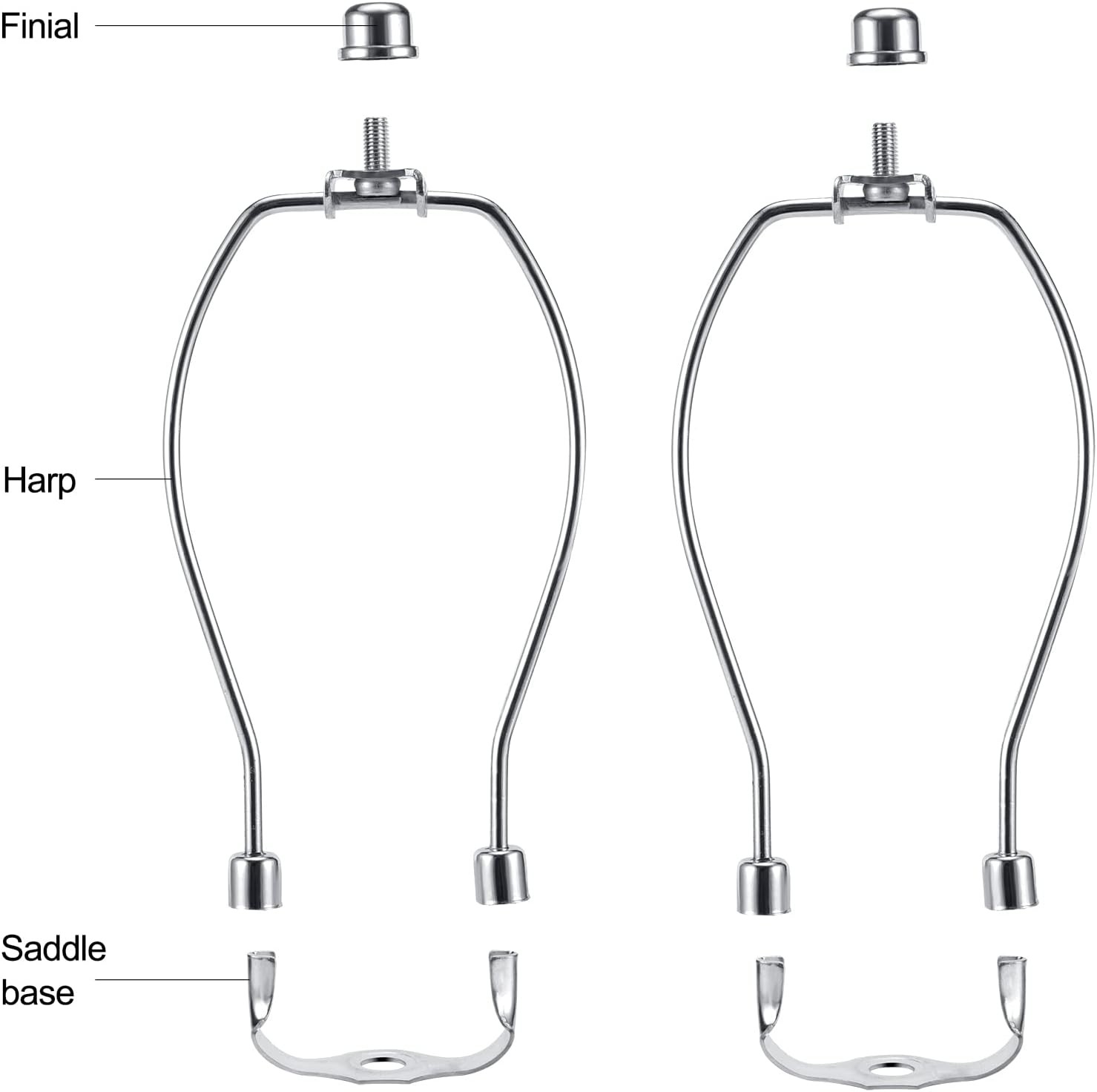 6 Inch Lamp Harp Kits, Nickel Finish, 3/8 Inch Saddle Base Holes, Light Duty