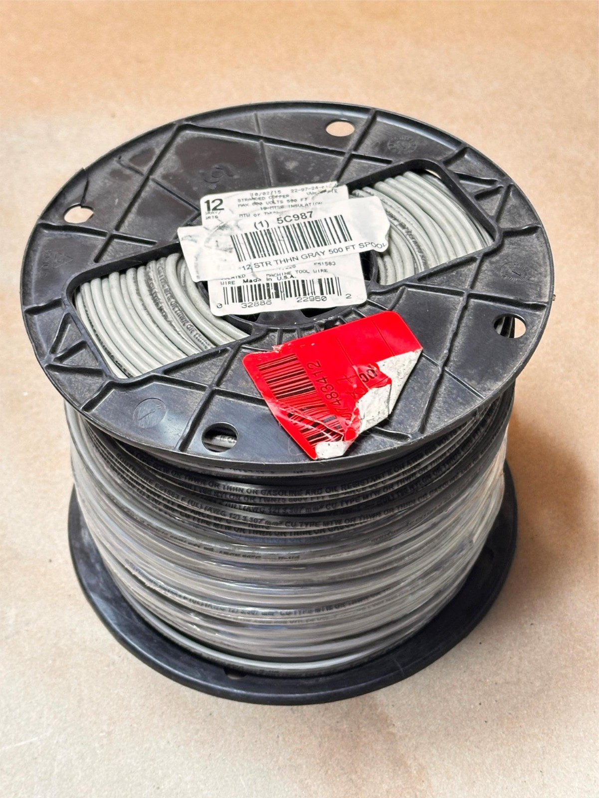 500ft Machine Tool Wire 12Str 12Awg THHN Cu 500SpC Gray Wire 600V USA Made