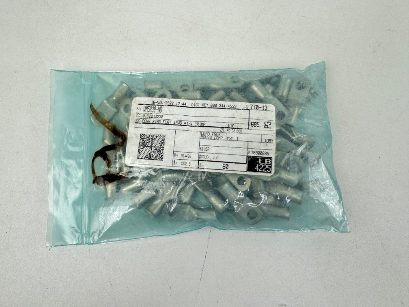 x60 MOLEX TIN PLATED Copper Ring Lug Terminal Connector #4 Wire Gauge 1/4″ Stud