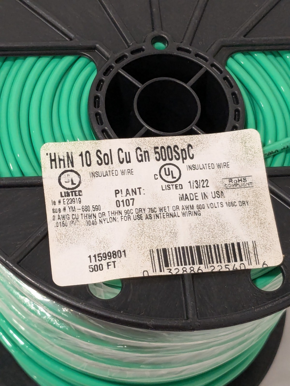 Southwire Building Wire: THHN, 10.000 AWG, Nylon, Solid Core, 500′ L 11599801