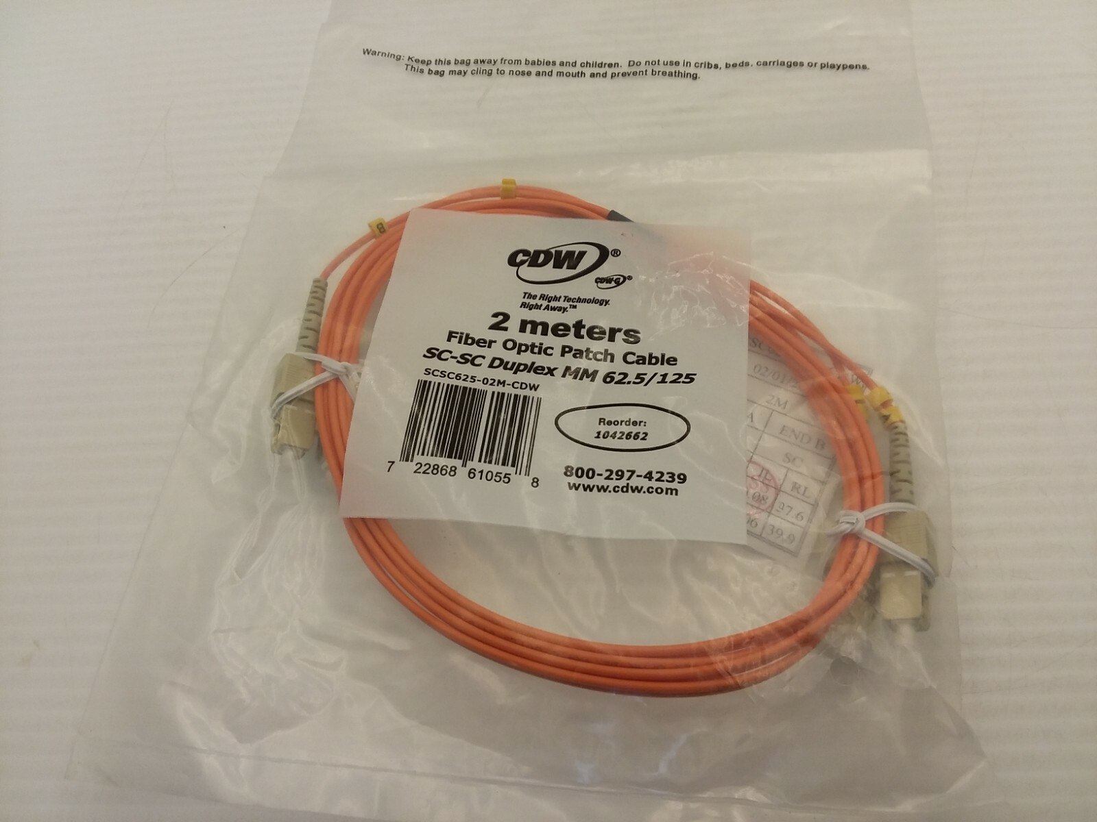 CDW SCSC625-02M-CDW FIBER OPTIC PATCH CABLE 2 METERS NIB