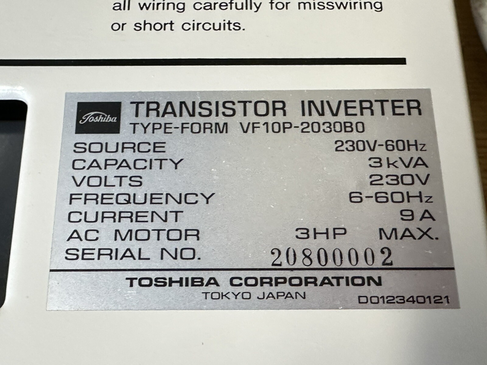 TOSHIBA VF10P-2030B0 VF10P2030B0 Transistor Inverter VF PACK-P AC Motor Control