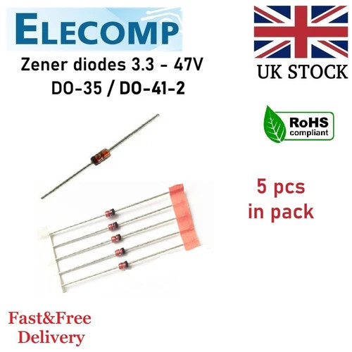 Zener diodes in range 3.6 – 47V 0.5W DO-35/DO-41 5pcs in pack Free P&P UK stock