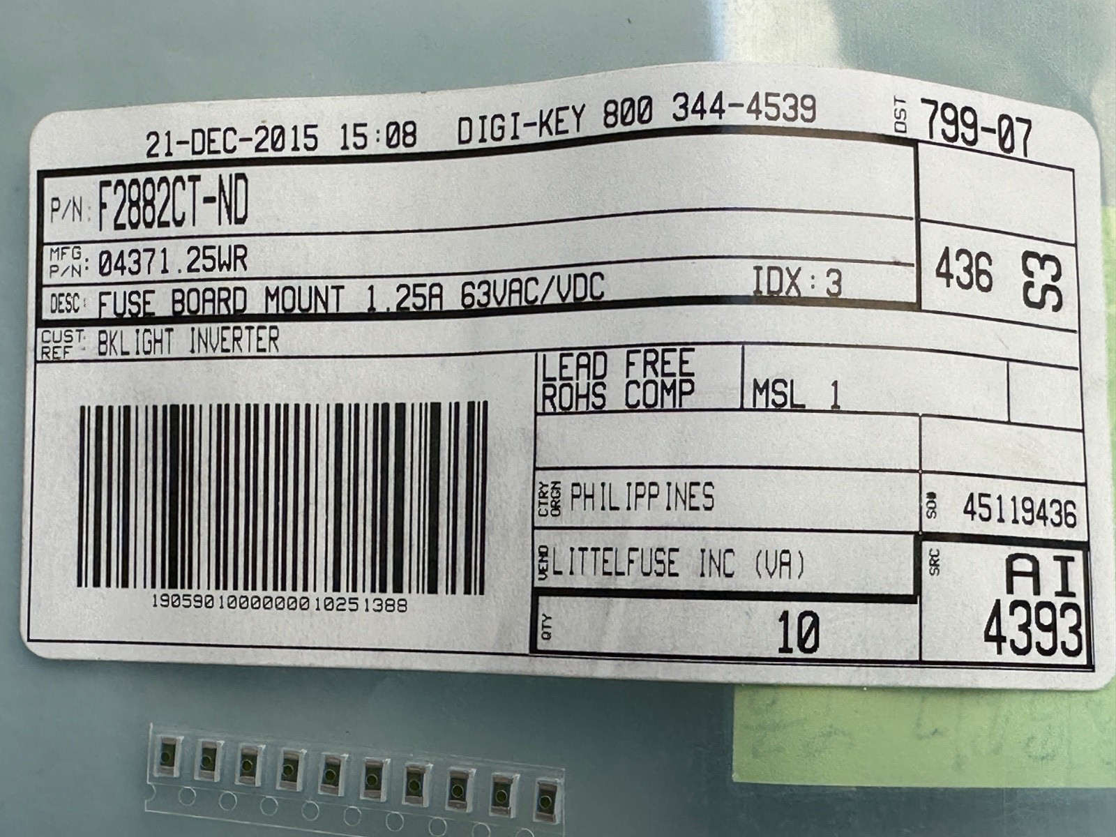 (LOT OF 10) DIGI-KEY F2882CT-ND FUSE Board MNT 1.25A 63VAC/VDC Littelfuse NEW!