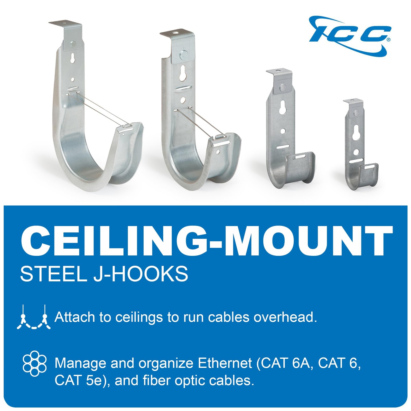 ICC Ceiling Mount J Hook 2” with Retainer Clip – Galvanized Steel 2 in, 2″
