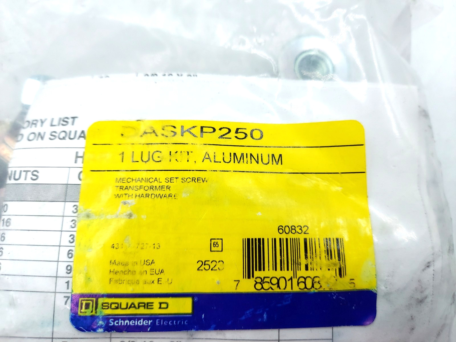 Square D DASKP250 Lug Kit Aluminum 250A 350kcmil to 6 AWG Transformer Accs New