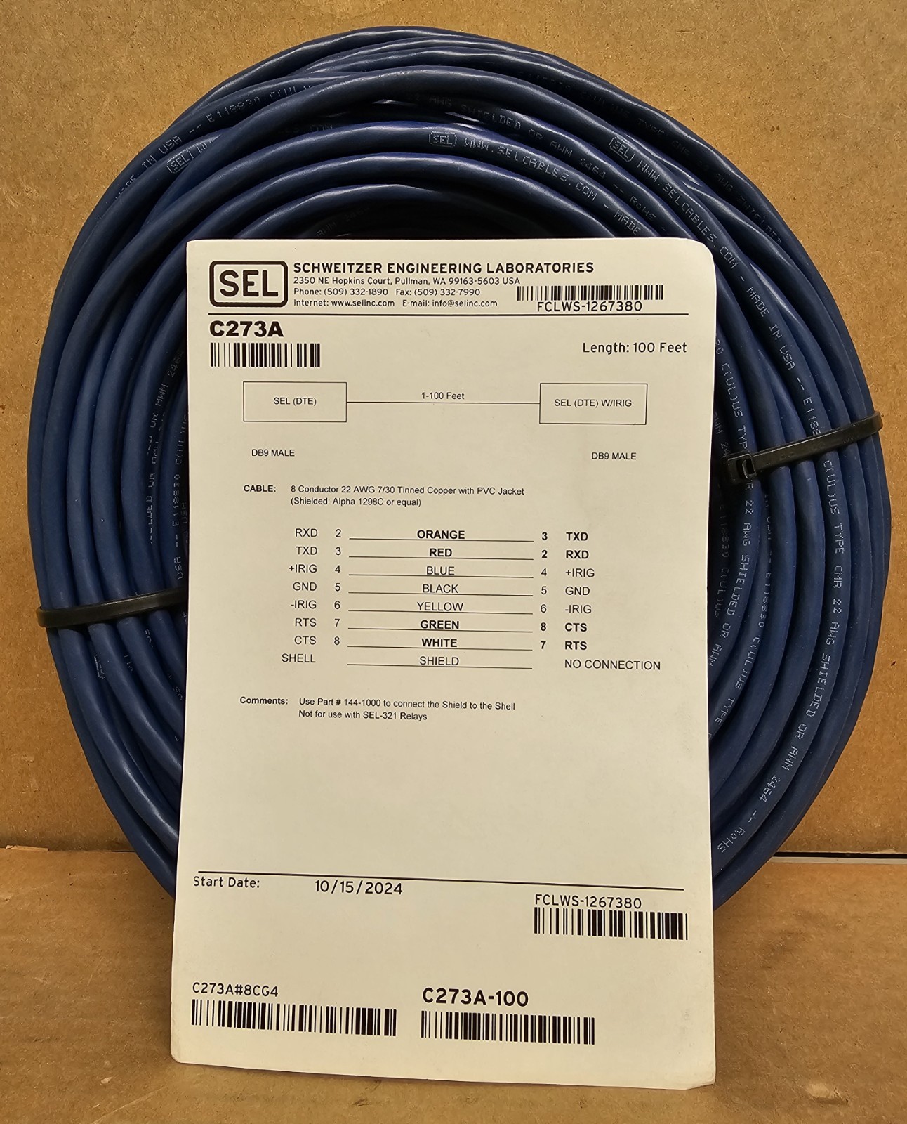 Schweitzer SEL C273A DTE Data Cable DB9 Male/DB9 Male – 100 ft