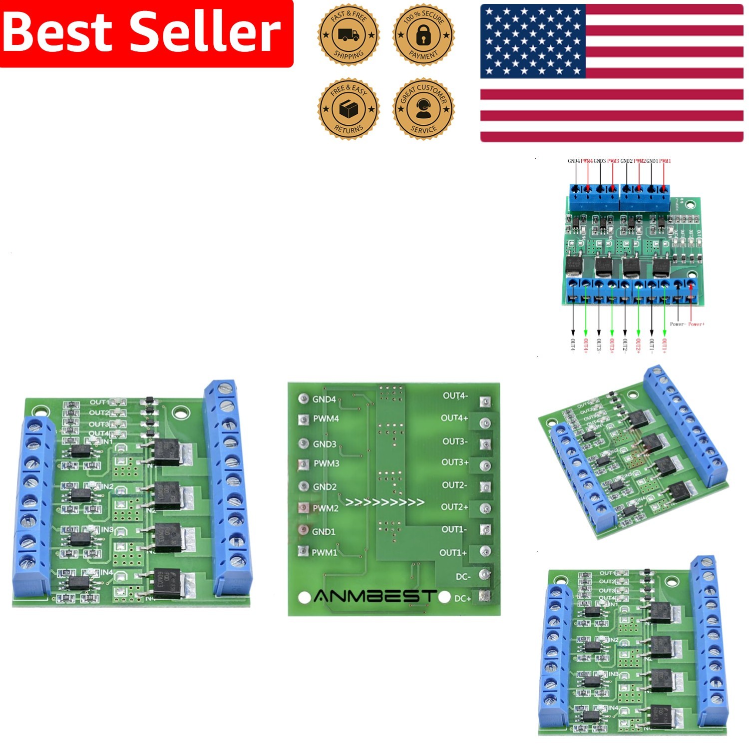 DC MOSFET Driver Board 4 Channel 400W 3-27V PWM Electronic Switch Module Control