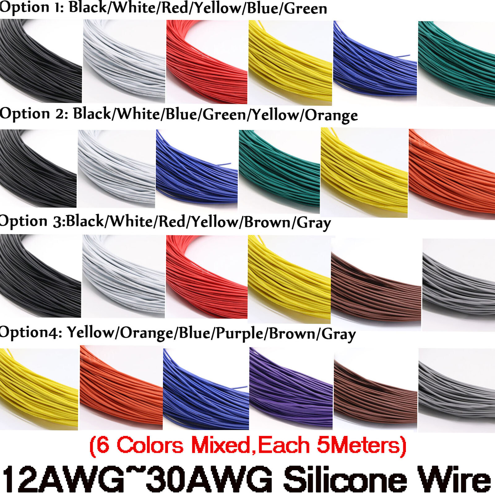 30/28/26/24/22/20/18/16/14/12 awg Silicone Stranded Wire Kits 6 Colors Mixed 30M