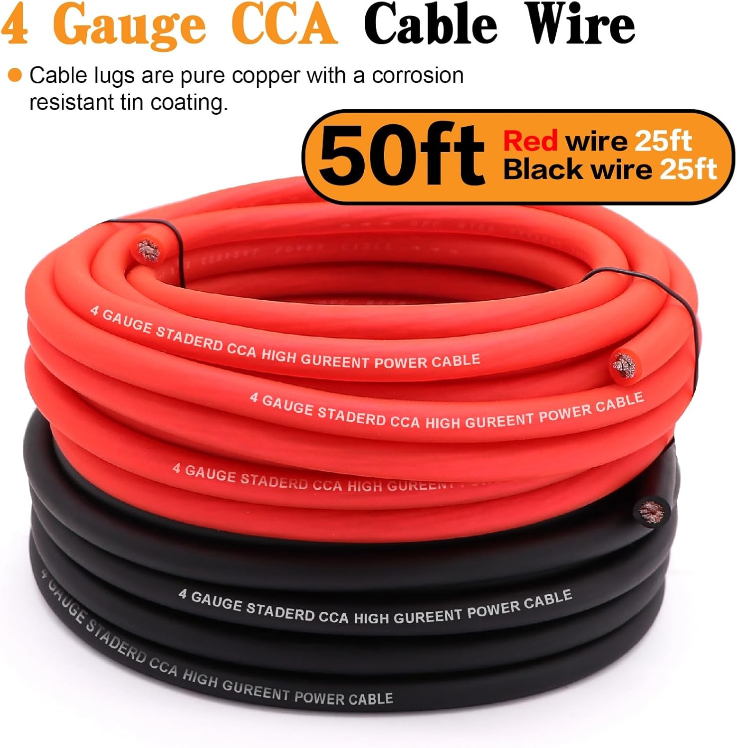 4 Gauge CCA Wire 50FT with Lugs Heat Shrink Battery Power Ground Car RV Amp Wiri
