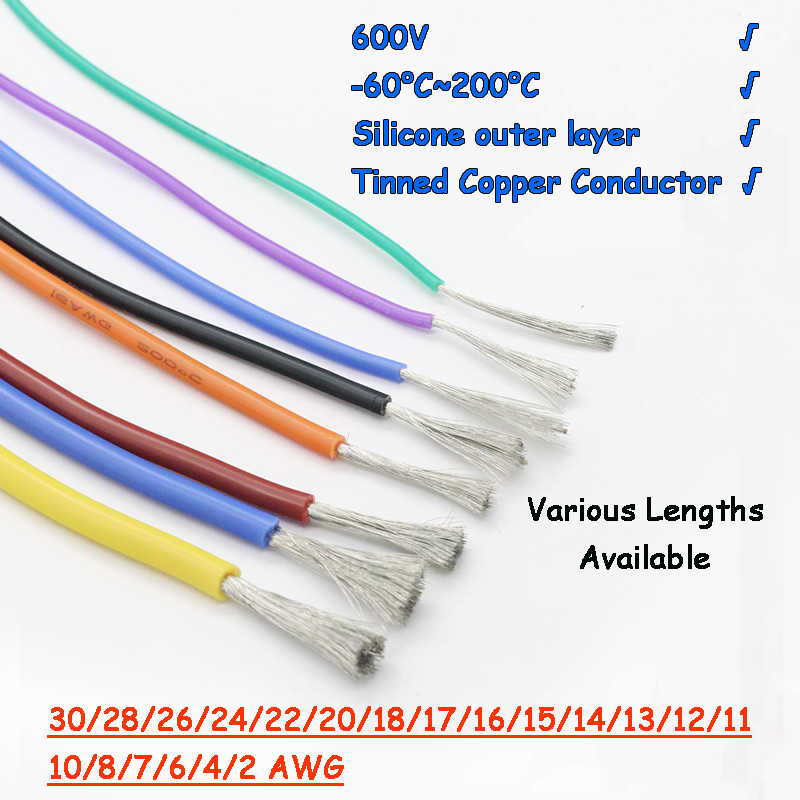2AWG-30AWG UL Silicone Cable Flexible Wire Stranded Copper Cords Various Colours