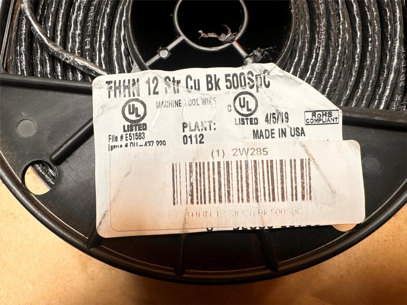 500ft Machine Tool Wire 12Str 12Awg THHN Cu 500SpC BLACK Wire 600V USA Made
