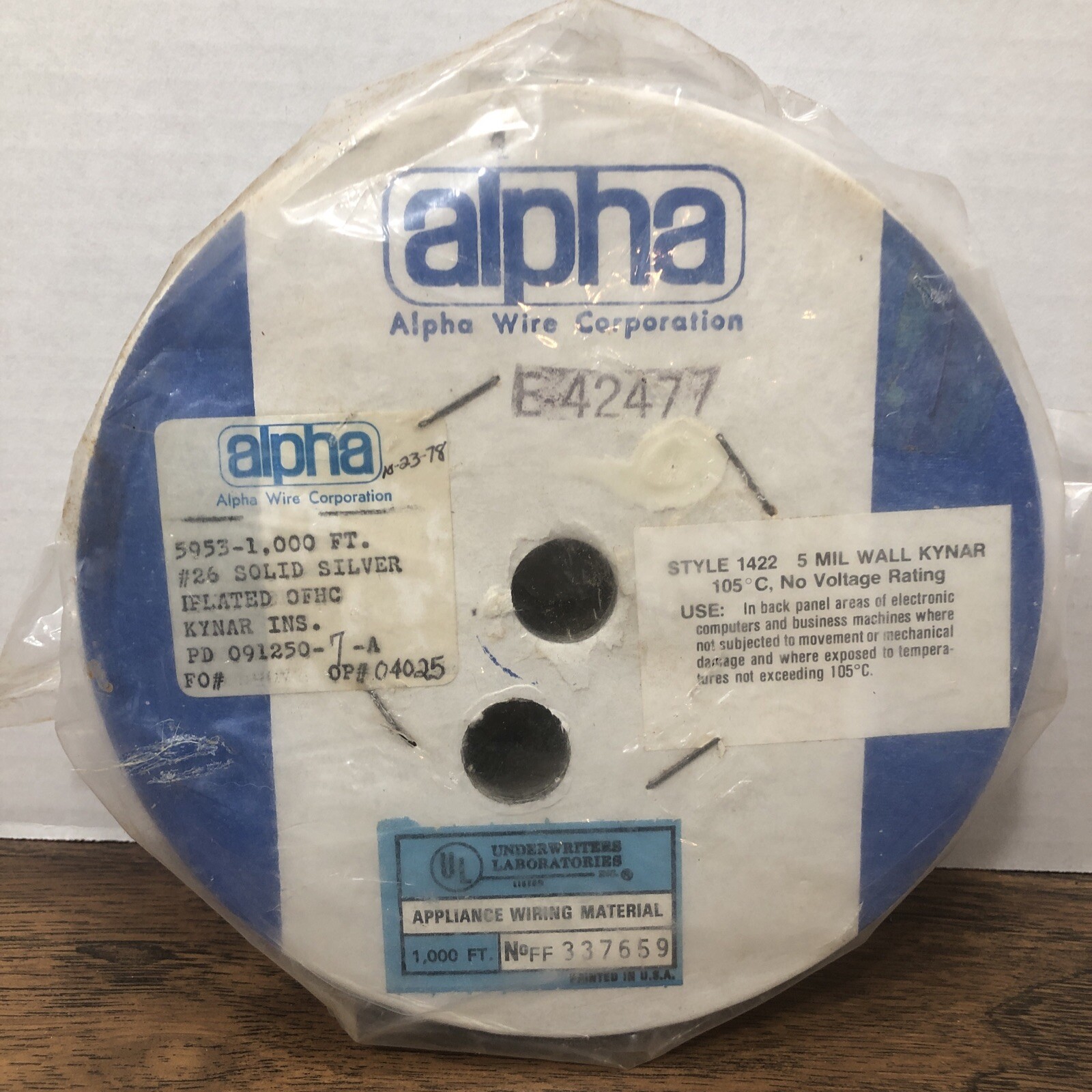 5953 ALPHA WIRE – 1000′ Blue – 26awg Solid Silver Plated OFHC Kynar 5mil 1970s