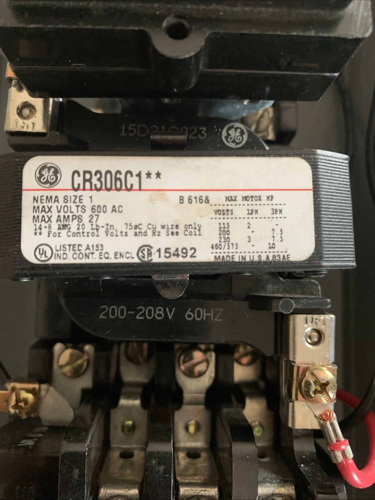 GE CR306C1 Motor Starter 300-Line Control 600V 27A 200V/208V Coil W/ Stop-Start