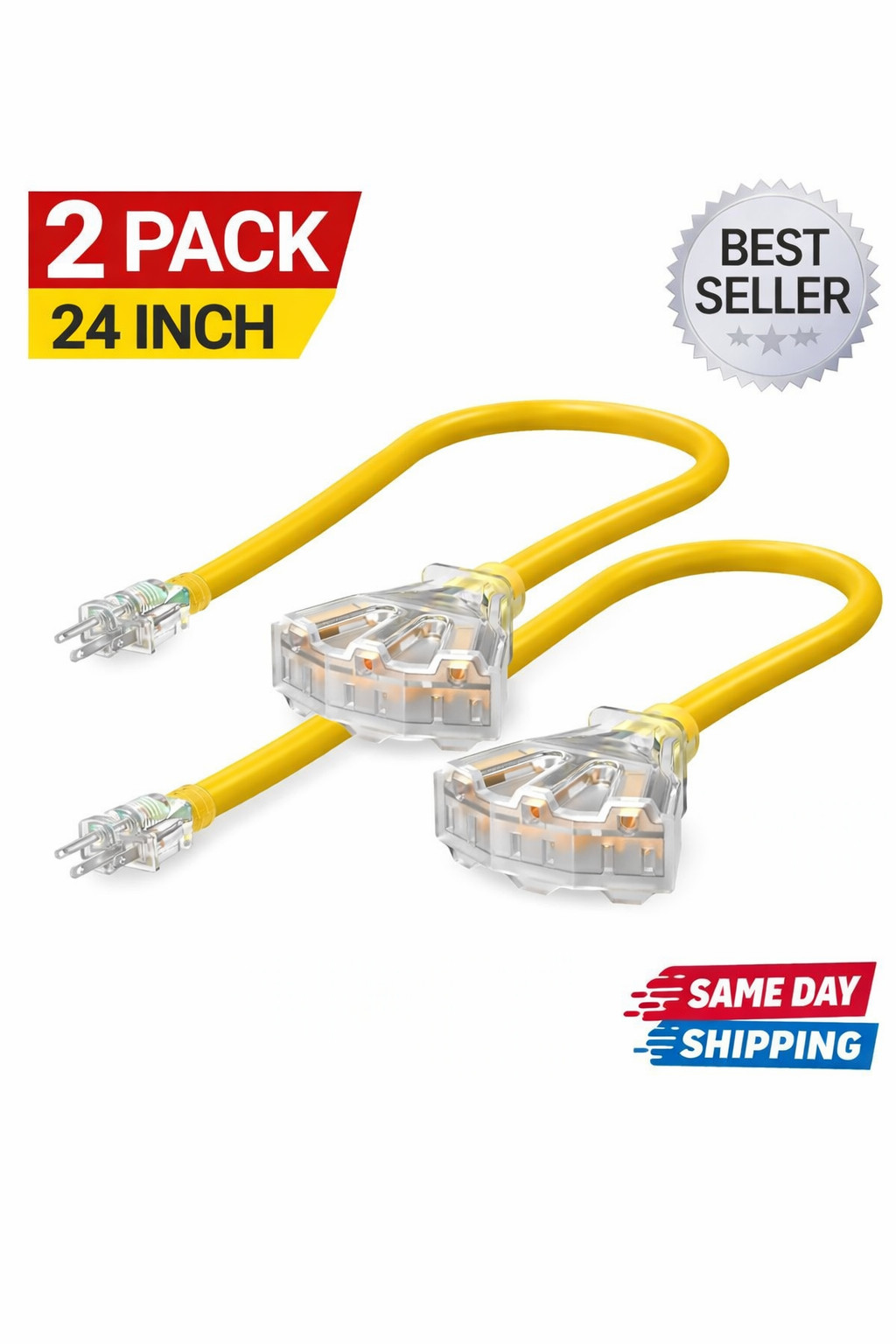 2 Pack 12/3 Tri Tap Extension Cord 24in Heavy Duty 15A LED Plug Yellow