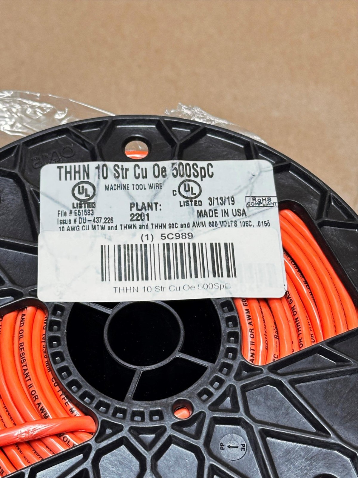 500ft Machine Tool Wire 10Str Cu THHN – ORANGE 600V USA