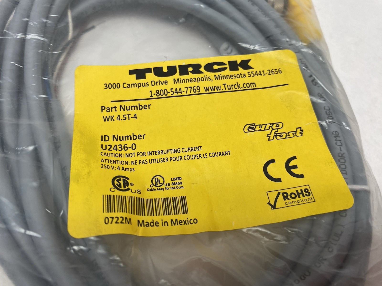 Turck WK 4.5T-4 Eurofast Single End Rt Angle Cordset U2436-0