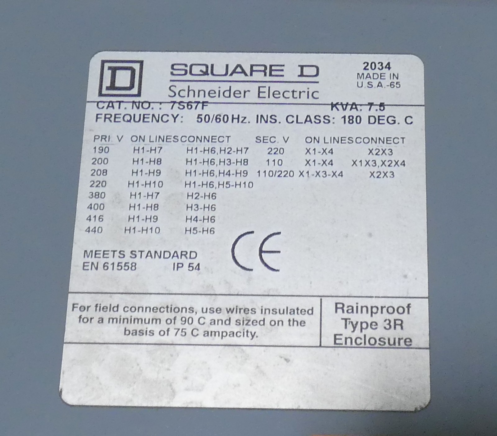 7.5kVa Square D 7S67F General Purpose Transformer 1PH – NEW Surplus!