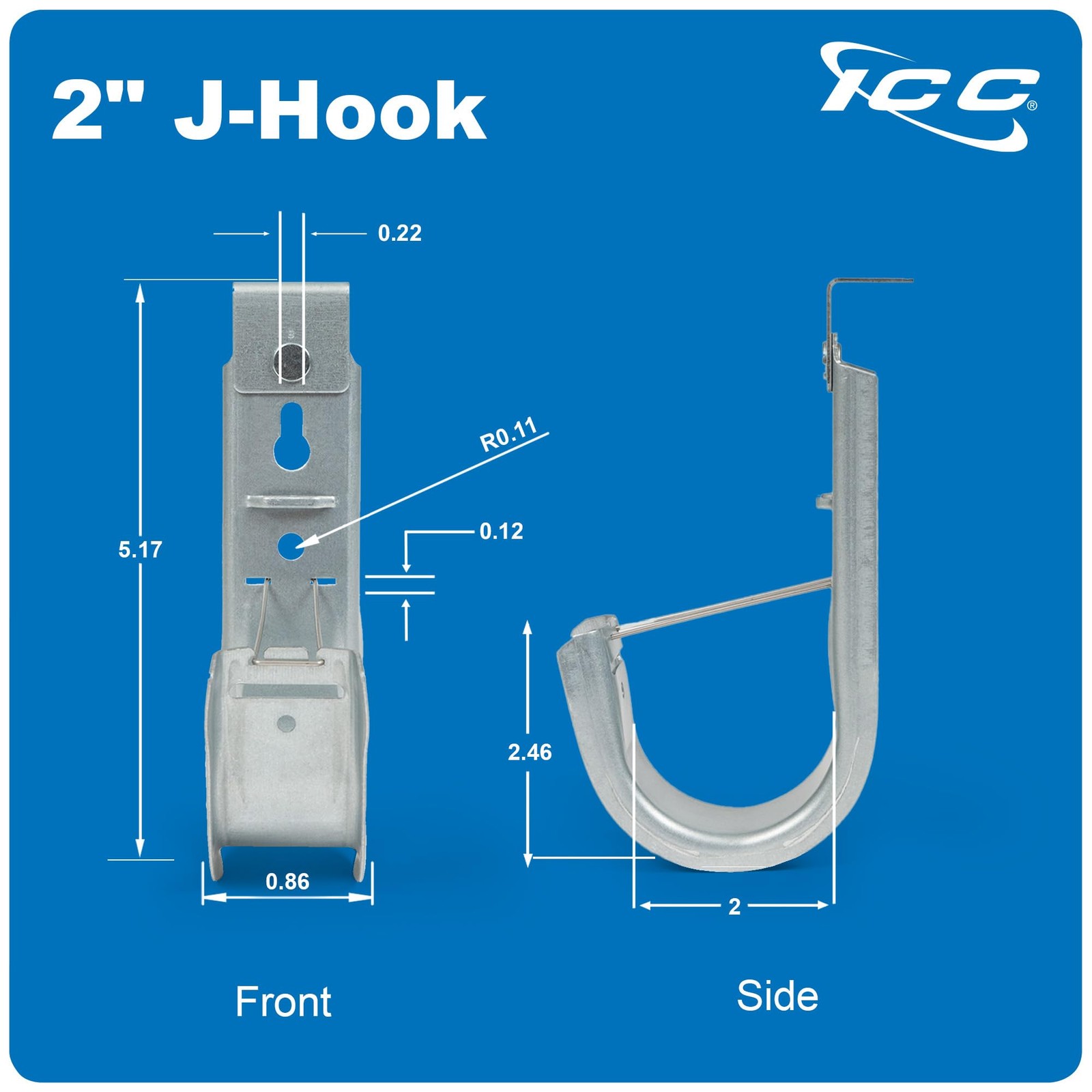 ICC Ceiling Mount J Hook 2” with Retainer Clip – Galvanized Steel 2 in, 2″