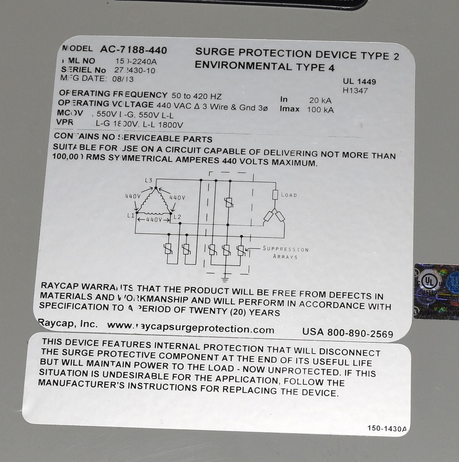 RAYCAP 440-480 V RMS AC 3-PHASE DELTA 3-WIRE SURGE PROTECTOR SUPRESSOR TYPE 2