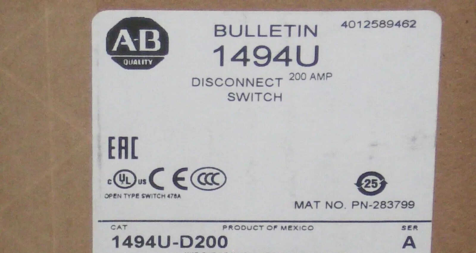 New! Allen Bradley 1494U-D200 SER A 200 Amp Disconnect Switch USA Free Shipping!