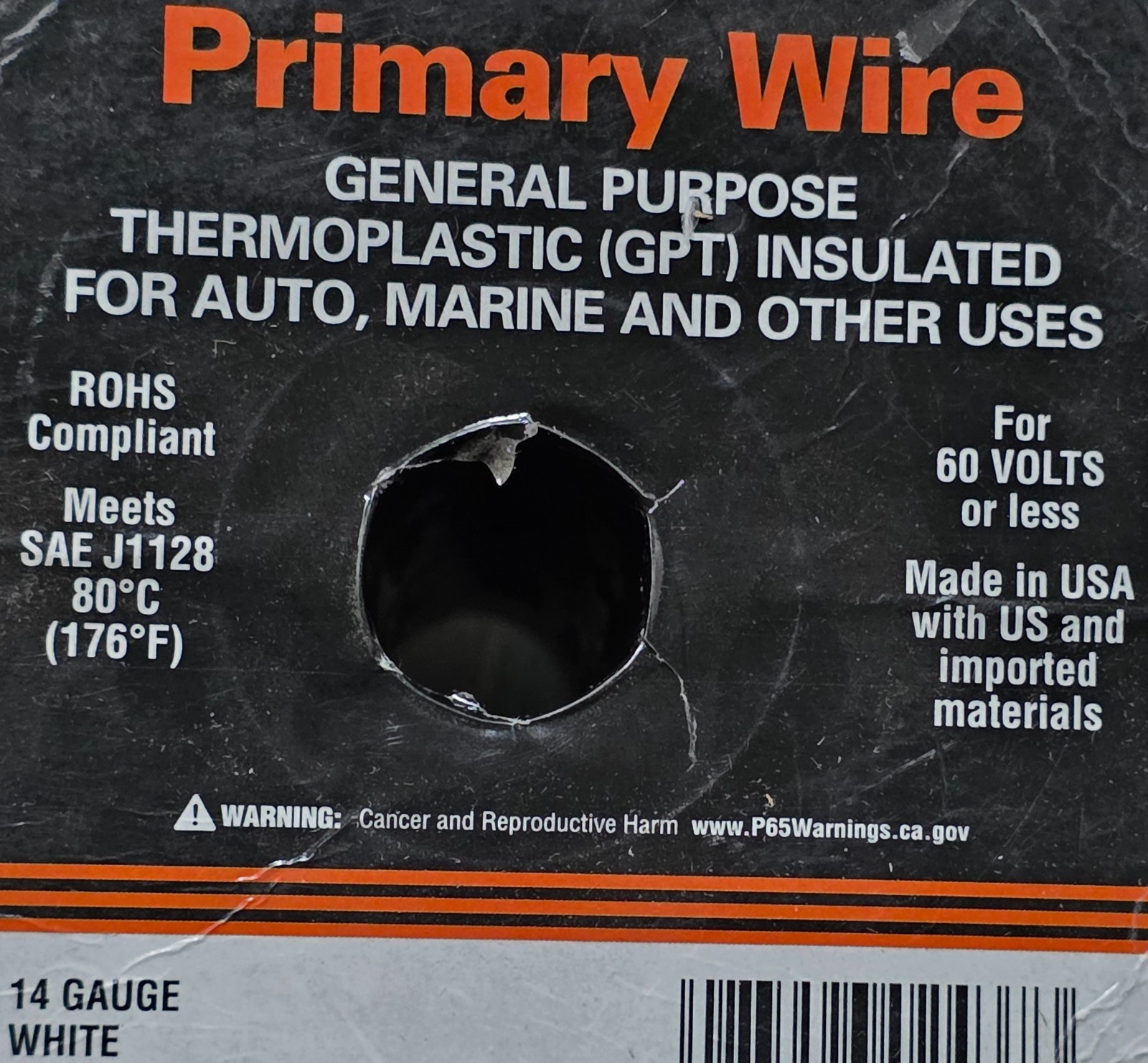East Penn #14awg GPT PVC Automotive/Marine Primary Lead Wire 60V/80C White/100ft
