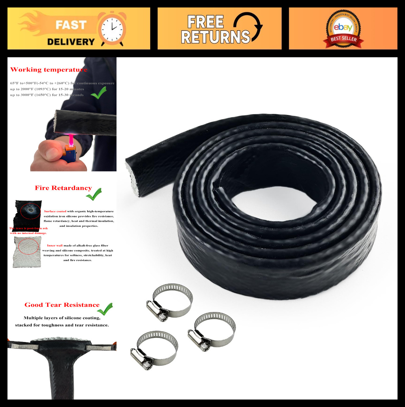 Heat Shielded Fire Sleeve 1.5″ ID Silicone Coated Fiberglass for Hose & Wiring –