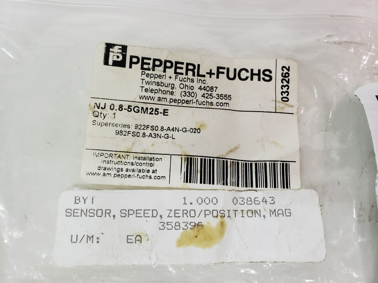 UNUSED – PepperL+Fuchs NJ 0.8-5GM25-E Proximity Sensor 033262